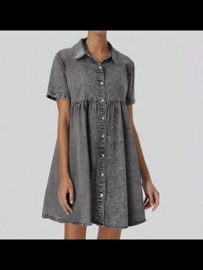 Washed Short Sleeve Button-Front A-Line Dress Denim Colour